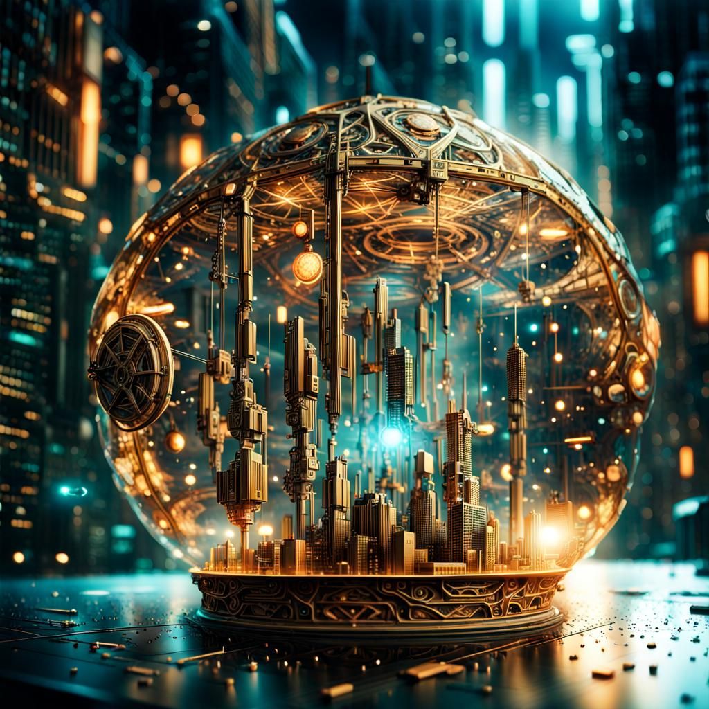 Microcosm in Translucent Orb: Cyberpunk Steampunk Gold Engra...