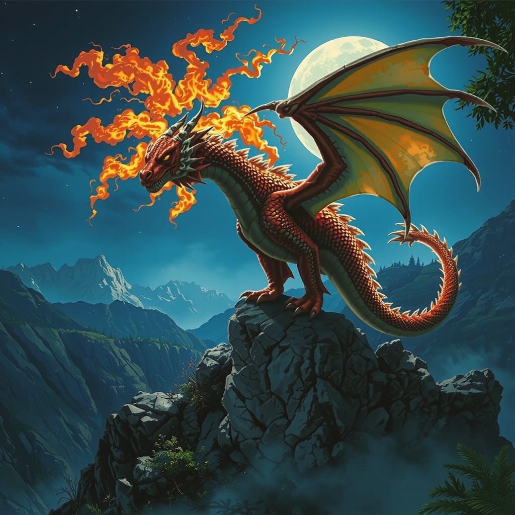 Majestic Dragon Overlooking Moonlit Valley