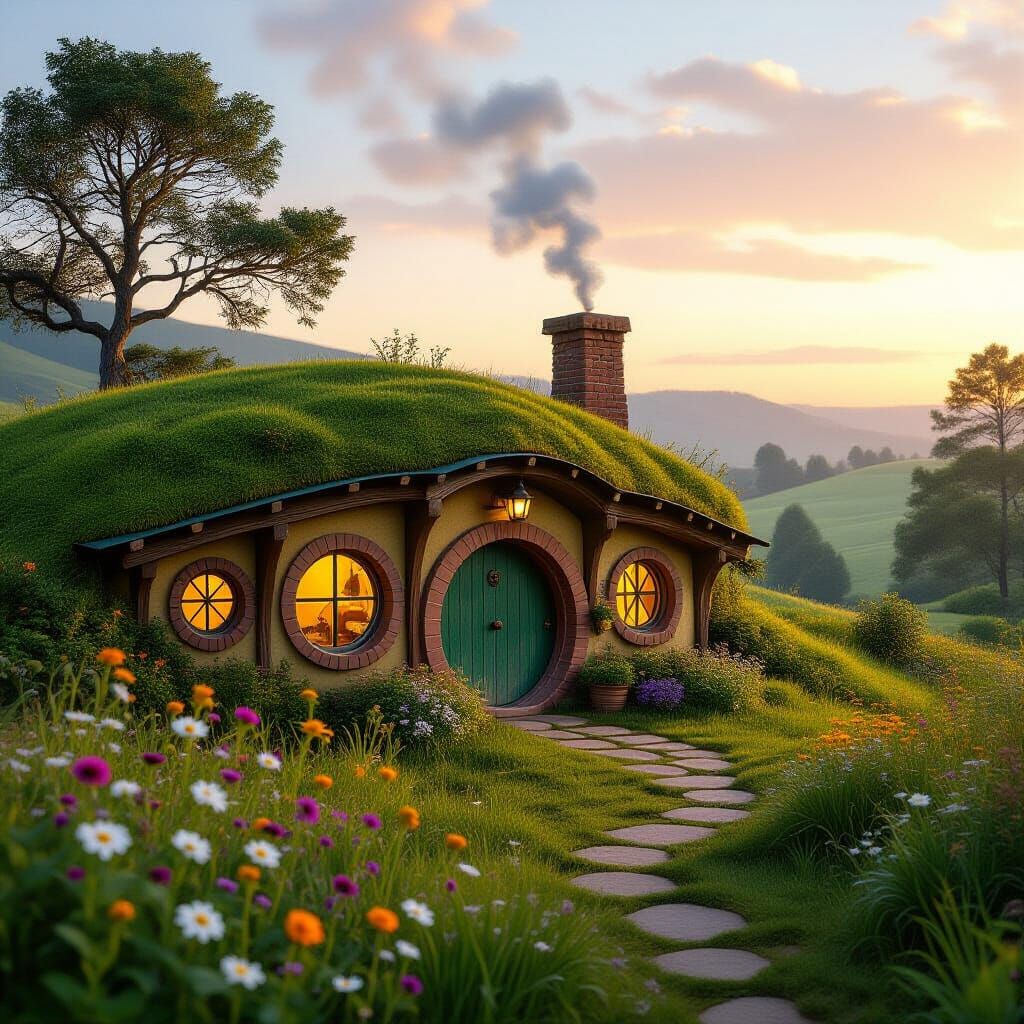 Hobbit Hole at Gentle Hillside During Sunset