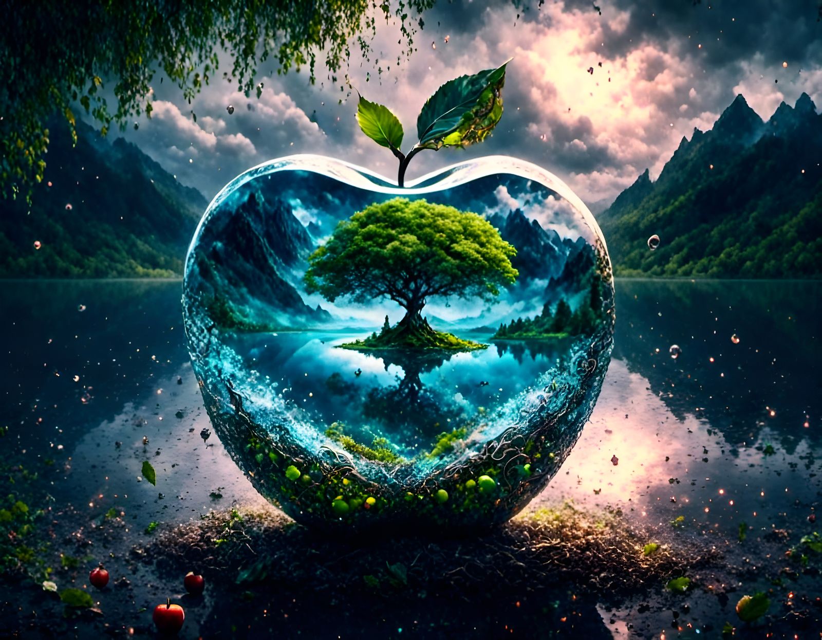 Glass Apple Reflecting a Tranquil Waterscape