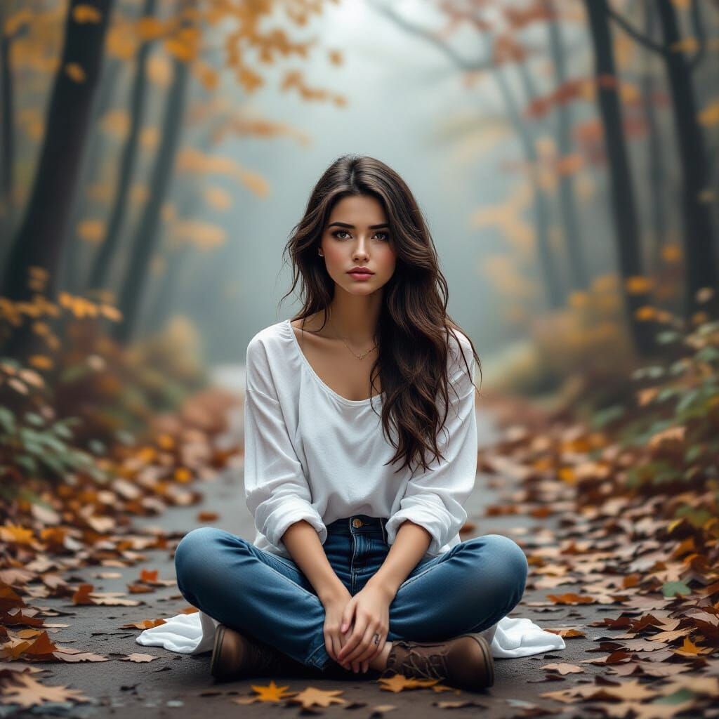 Sorrowful Woman on Misty Autumn Path: Pop Surrealism