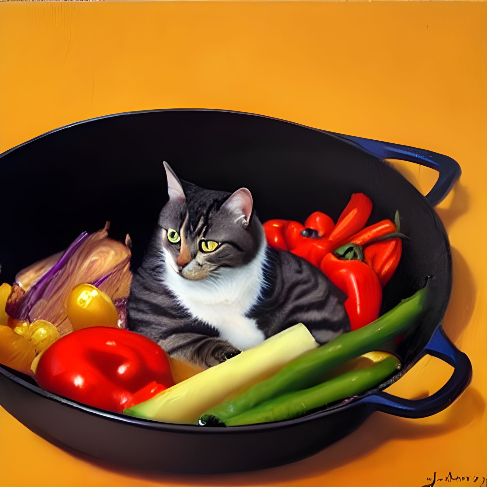 Cat in Frying Pan: Oil Painting