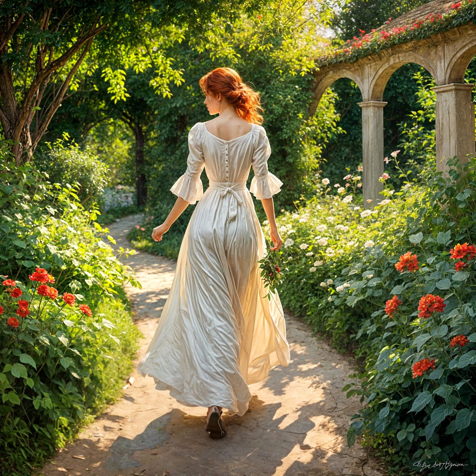 Red-Headed Woman Walking a Garden Path