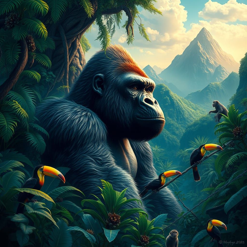 A majestic gorilla stands tall, surrounded by vibrant jungle scenes featuring mountains, lush greenery, and various wild...