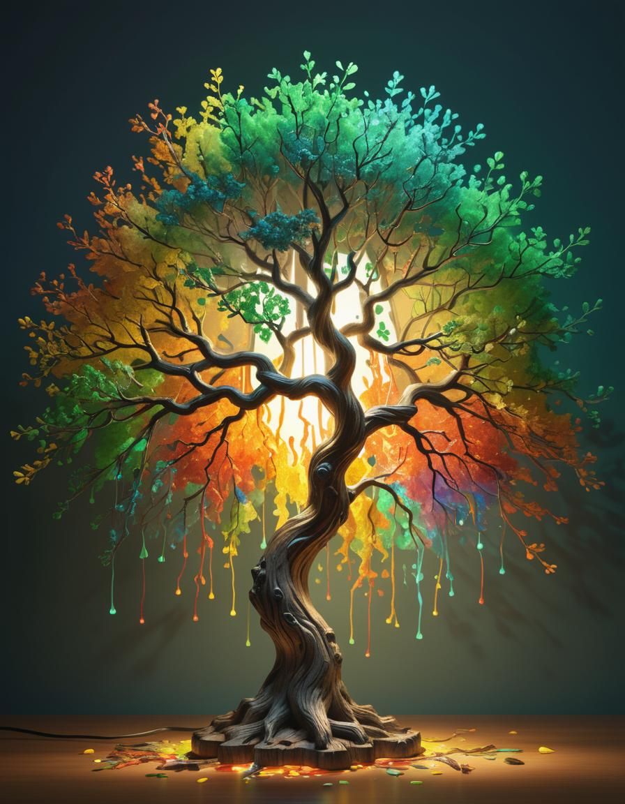 Glowing Tree Lamp in Hyperrealistic Splash Art