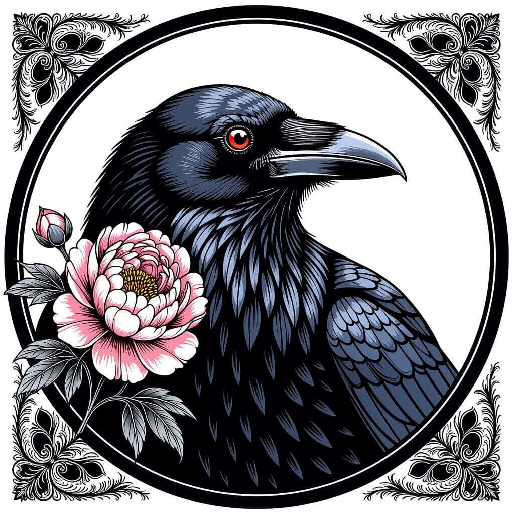 Raven Offers Peony in Black and White Line Art Style