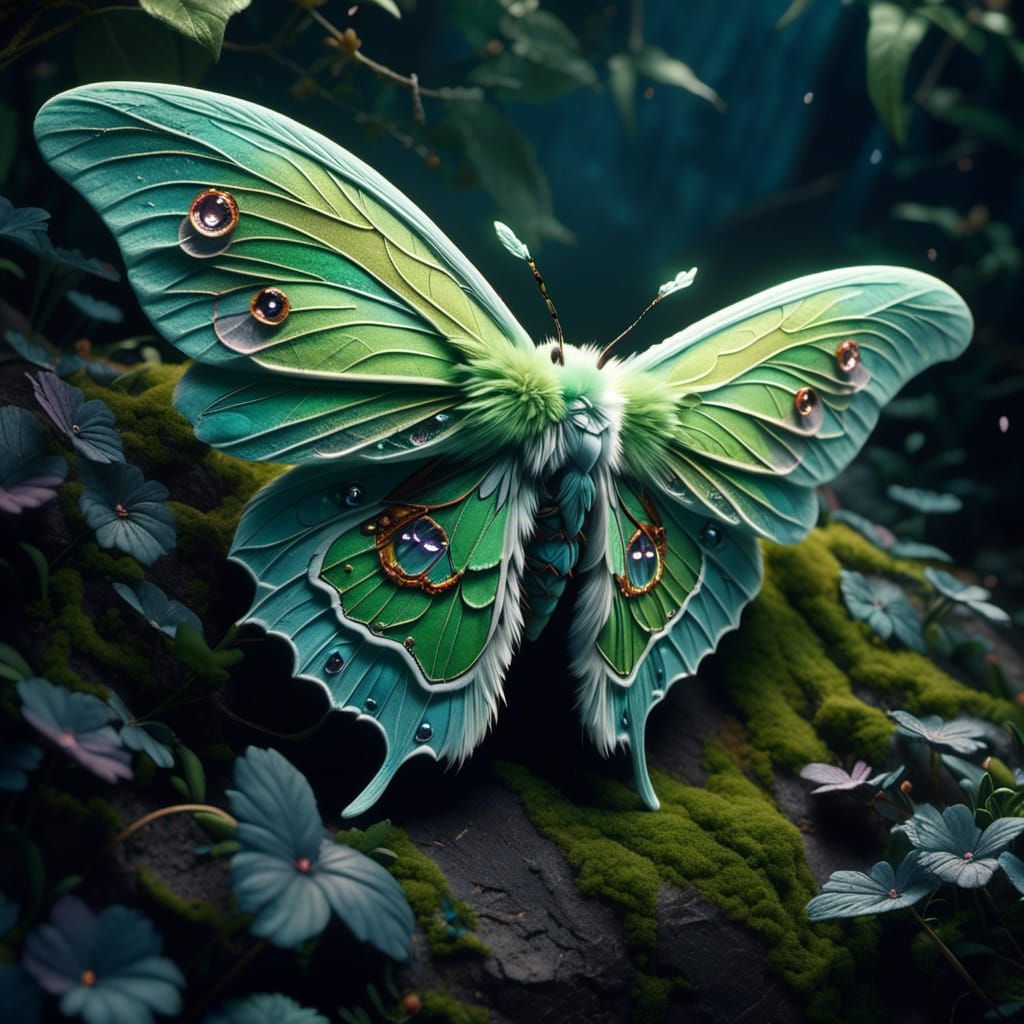 Surreal Luna Moth on Stone, Macro Shot