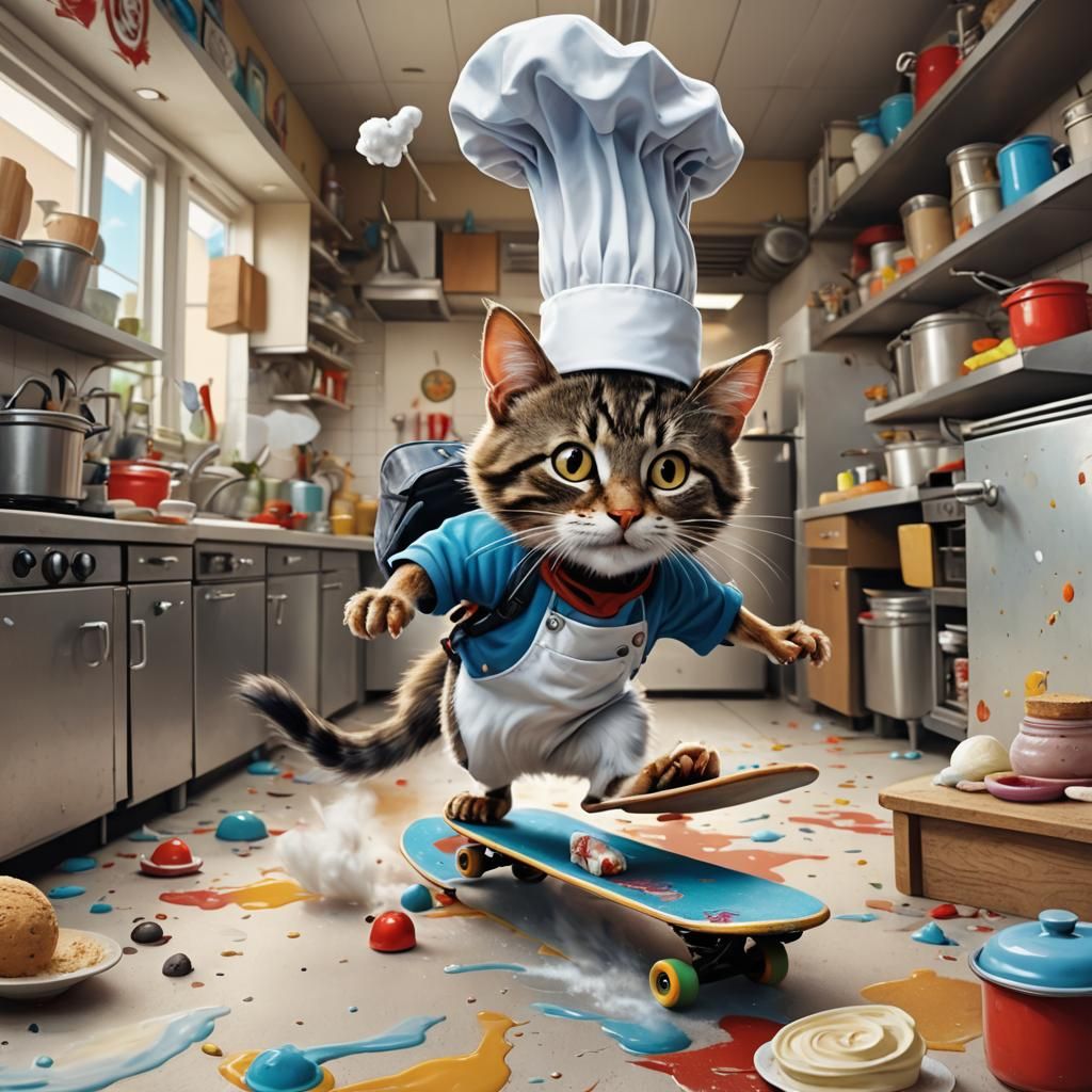 Cartoon Cat Chase in Chaotic Kitchen