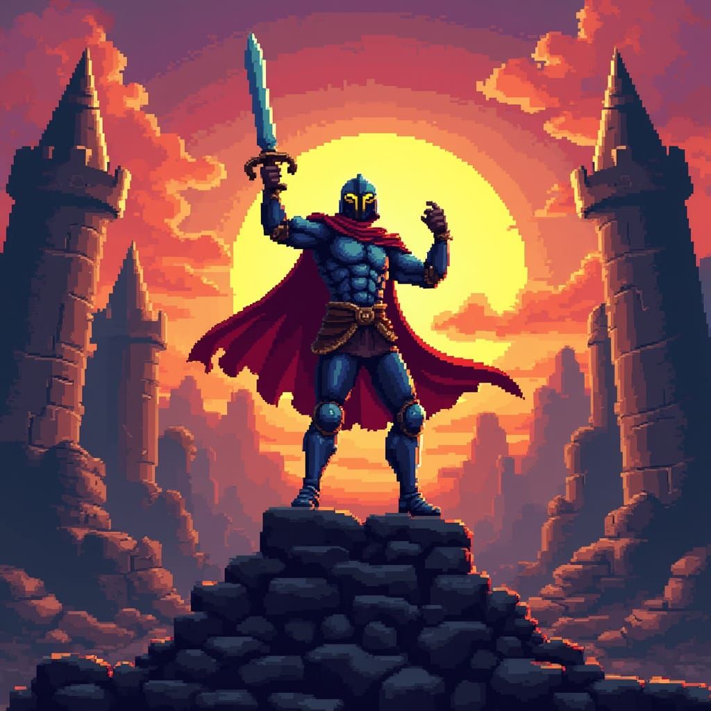 Victorious Pixel Knight on Castle Ruins in 16-bit Style