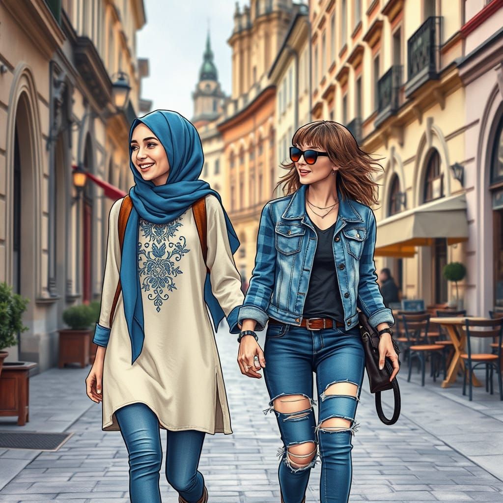Two Young Friends Stroll Through Prague's Historic Streets i...
