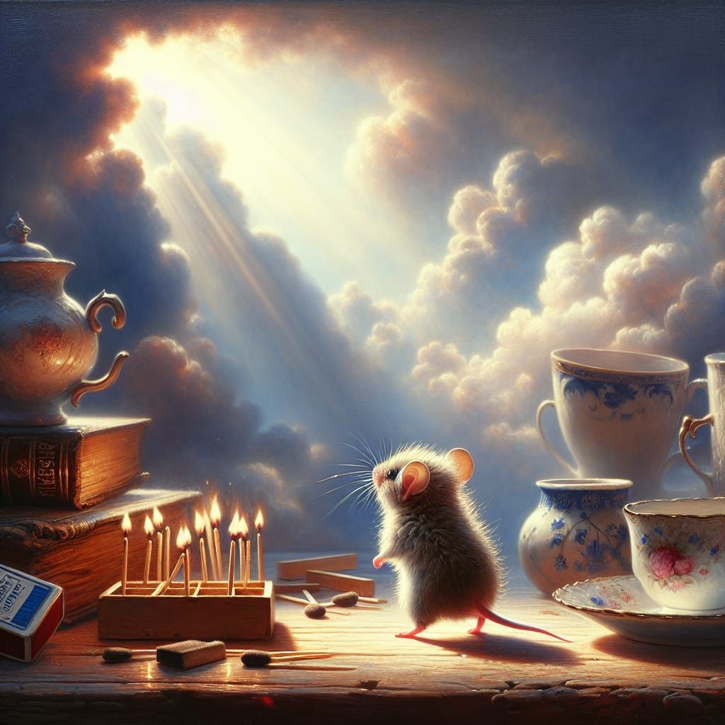Whimsical Mouse Explores Miniature World of Teacups and Book...