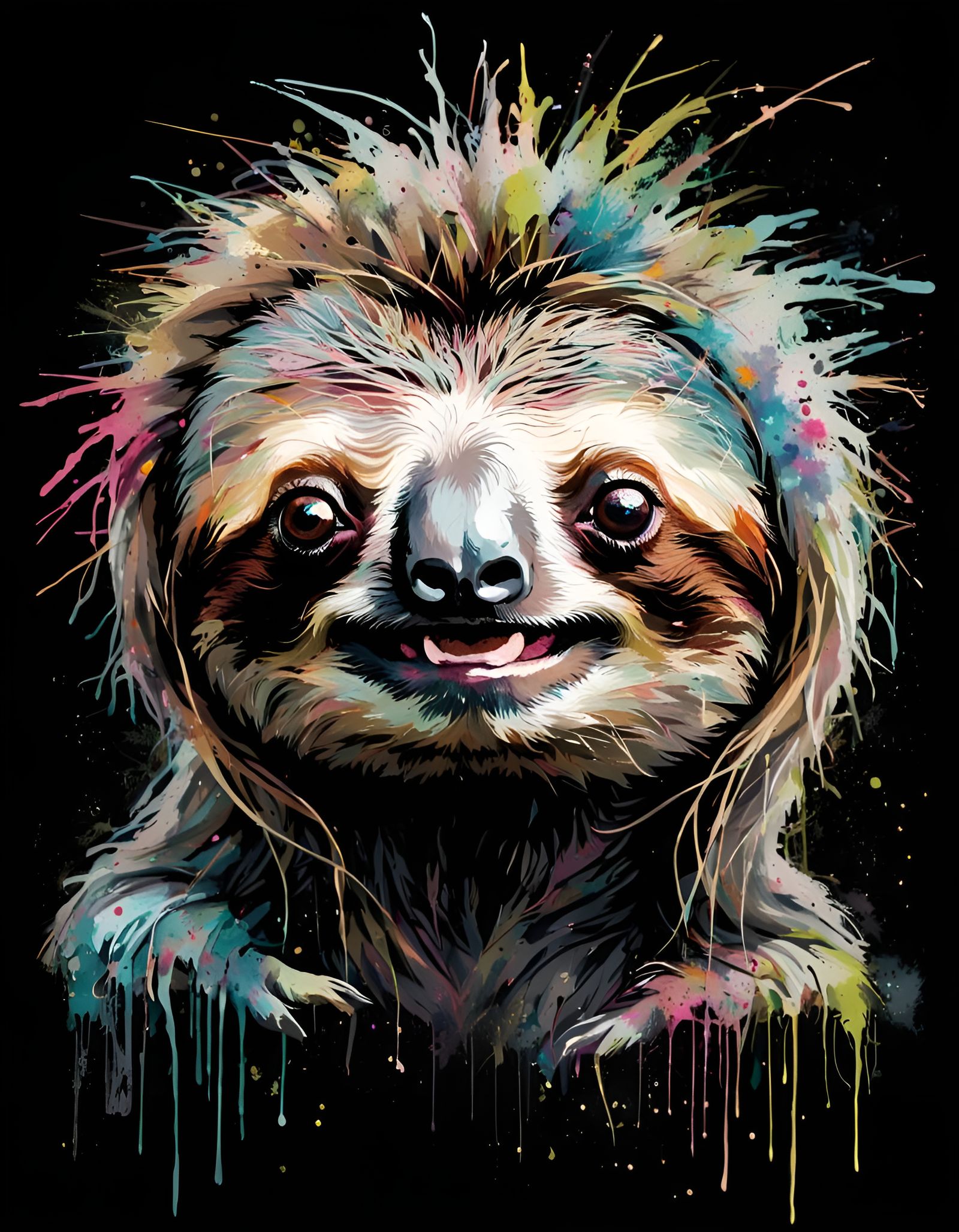 Happy Sloth with Colorful Hair, Mixed Media Style