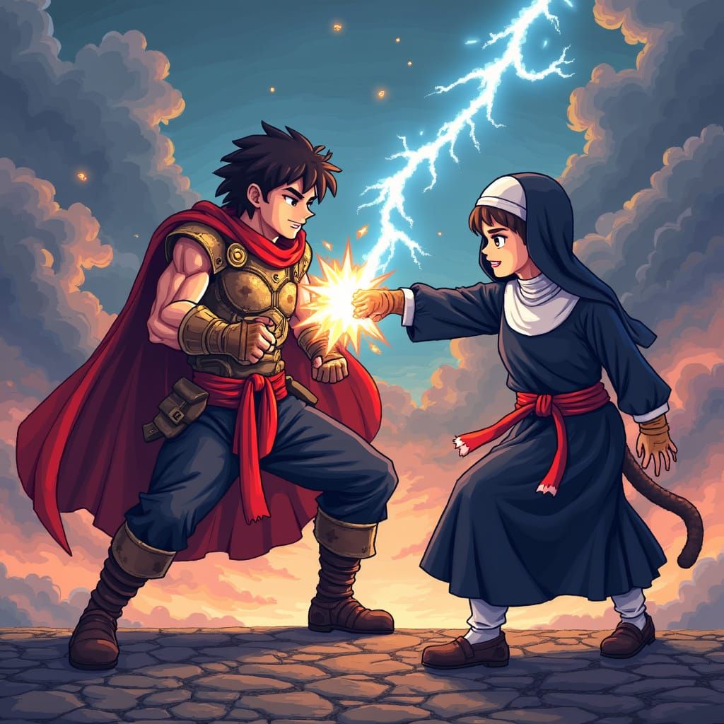 Pixel Art Hero Unleashes Lightning on Cat Girl Nun