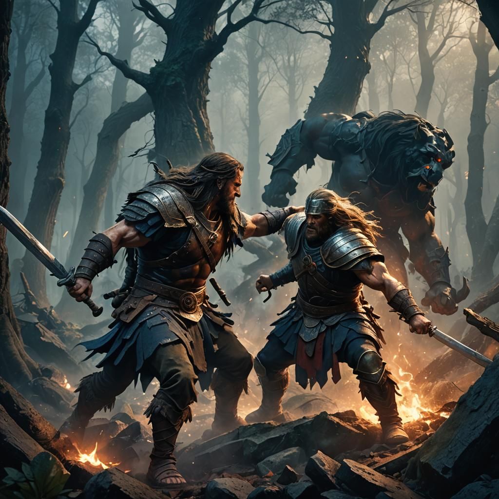Barbarian Strikes Down Roman Soldier in Misty Forest