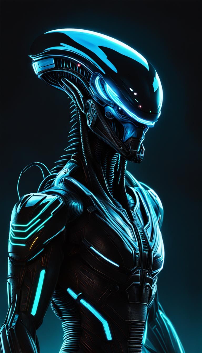 Alien xenomorph, Tron, cyberpunk 2077, neon lines, realistic