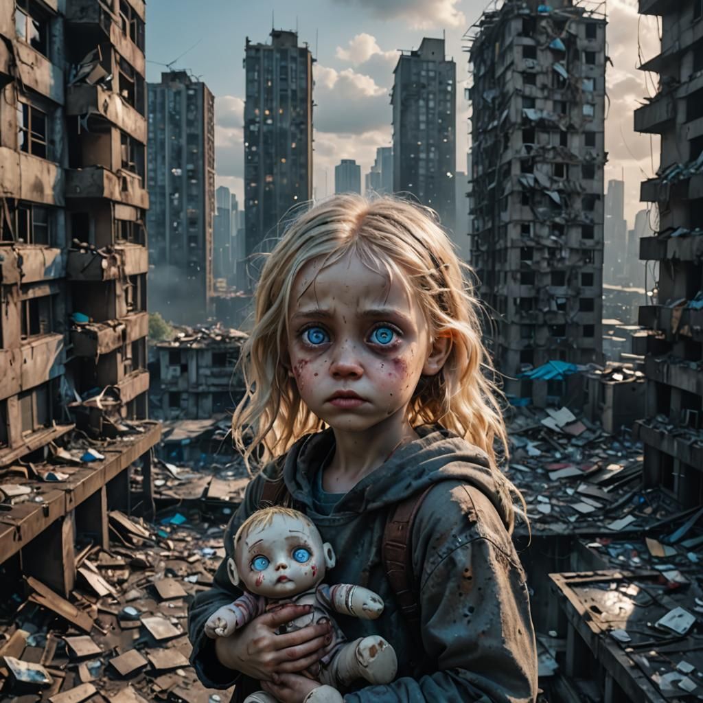 Sorrowful Girl in Dystopian Cityscape