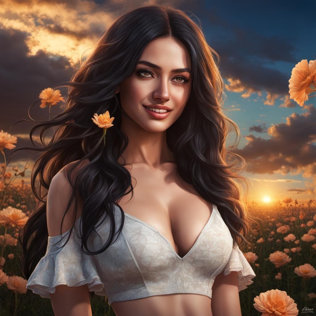 Latina in Flower Field: Hyperrealistic Fantasy Art