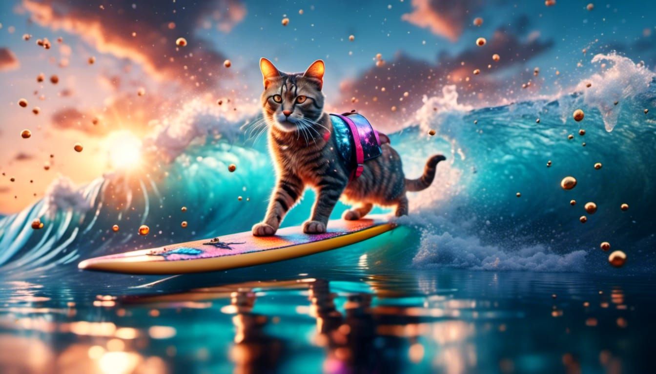 Cat Surfing a Wave: Photorealistic Digital Art