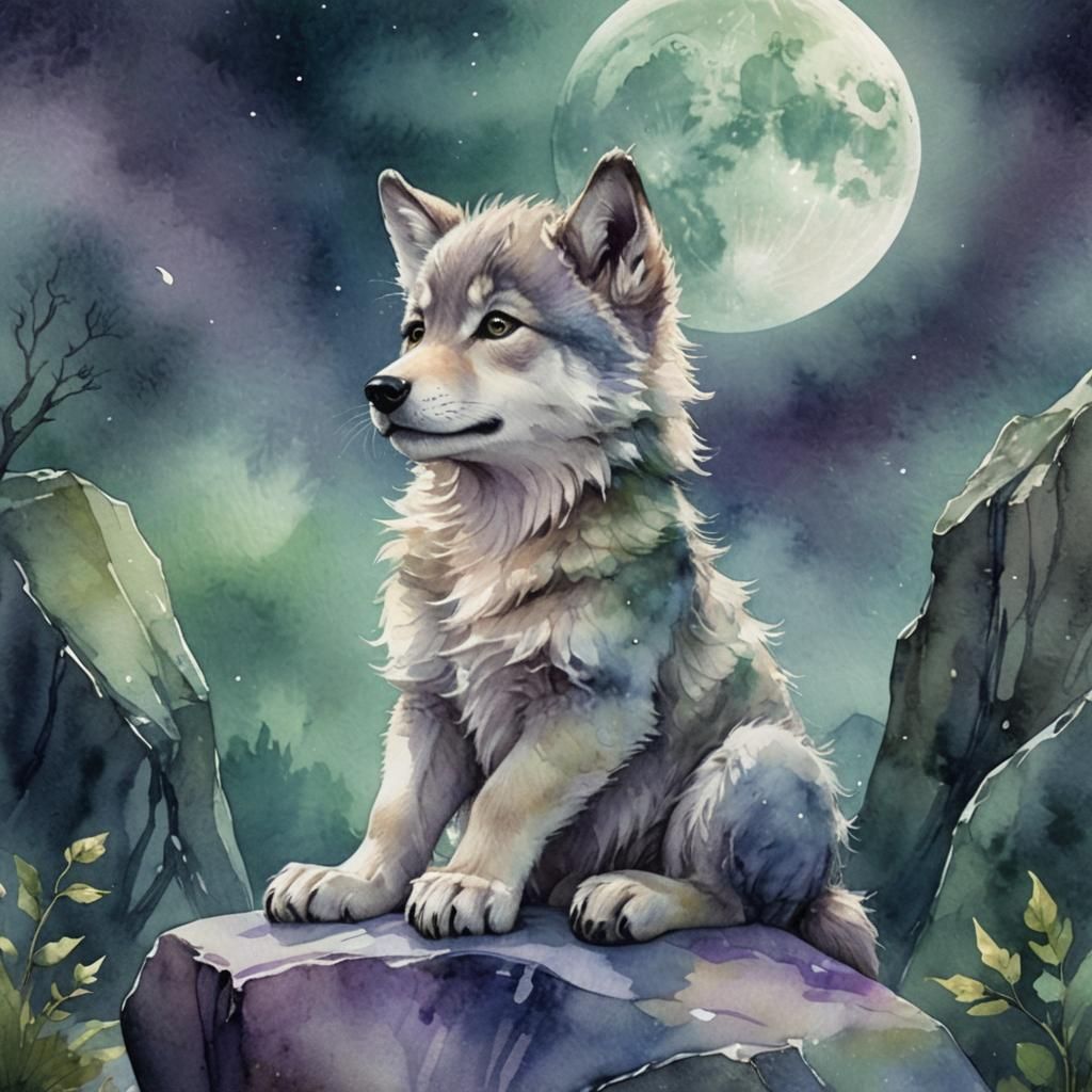 Cute Wolf Cub Howling at Moon, Watercolour Illustration