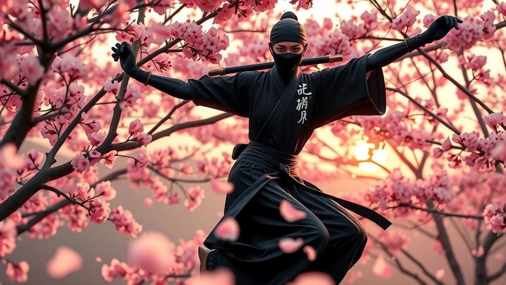 Mystical Ninja in Cherry Blossom Garden, Matte Painting