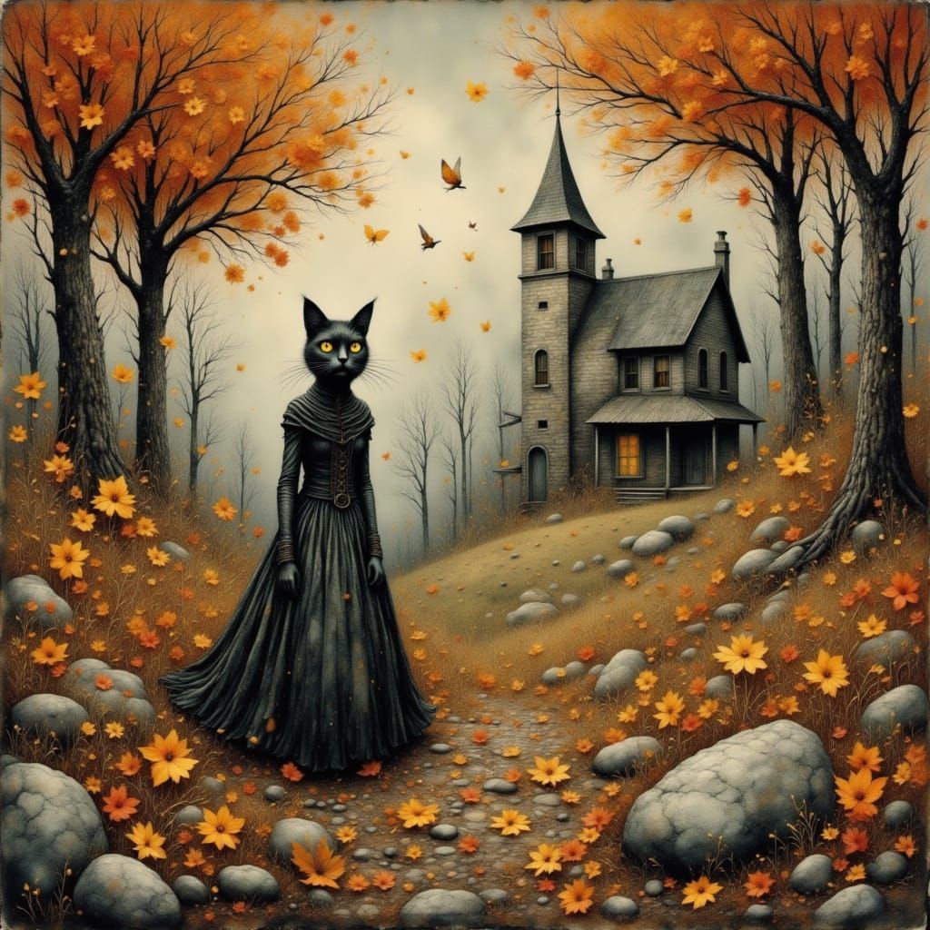 Surreal Cat in Autumn Landscape
