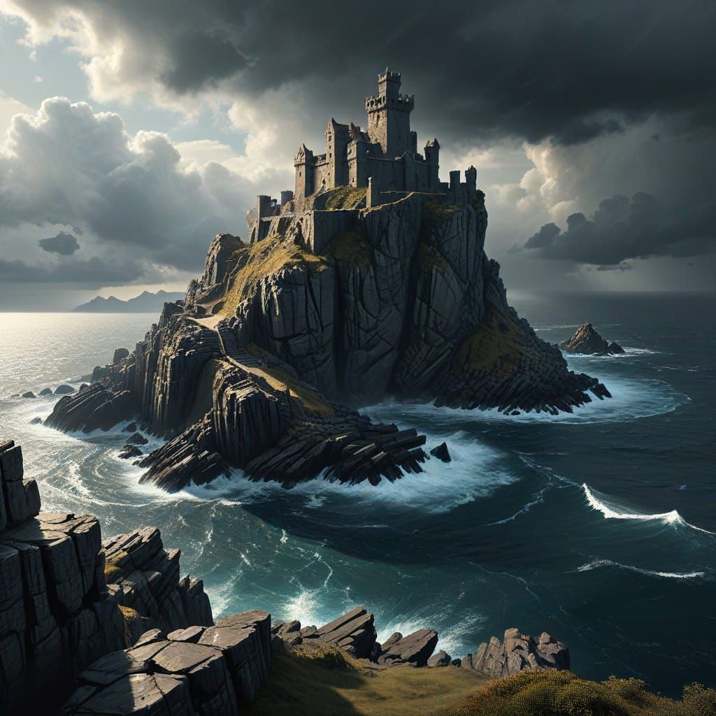 Dramatic Castle on Rocky Coast Overlooking Turbulent Sea