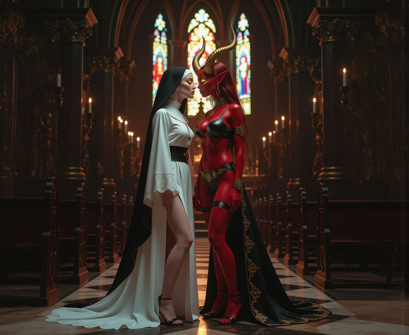 Surreal Scene: Nun and Demon in Gothic Church
