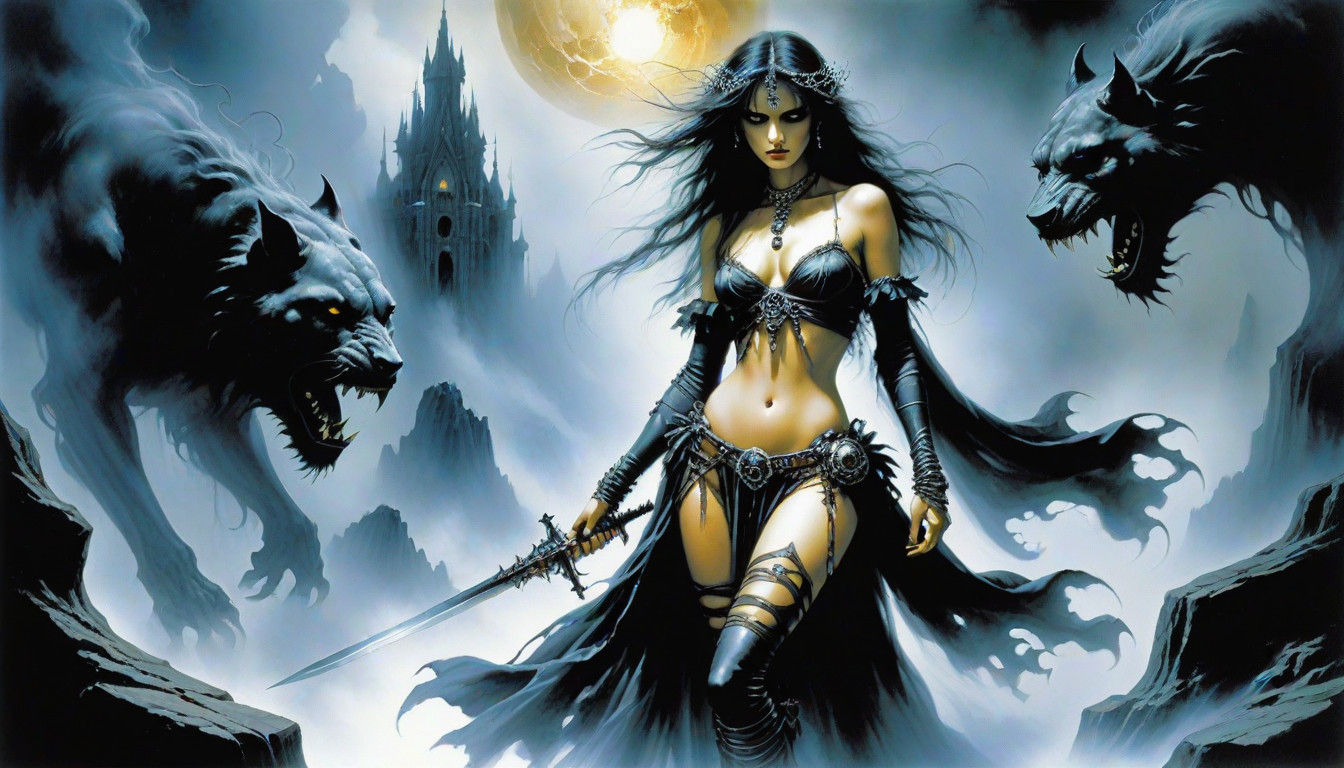 Surreal Vampire Goddess in Dark Misty Landscape