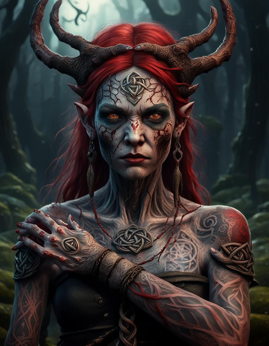 bloody bog witch with celtic runes tattooed on arms and body