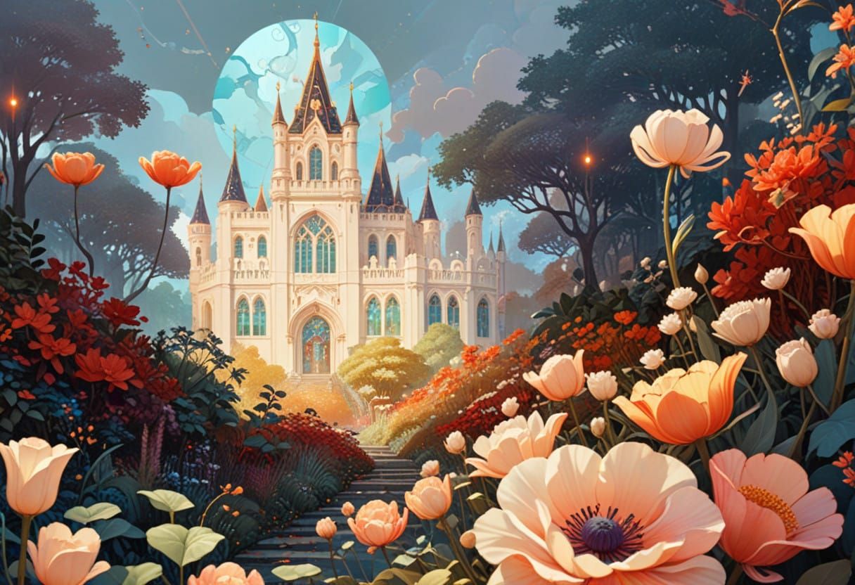 Ethereal Castle Garden Scene in Watercolor Style