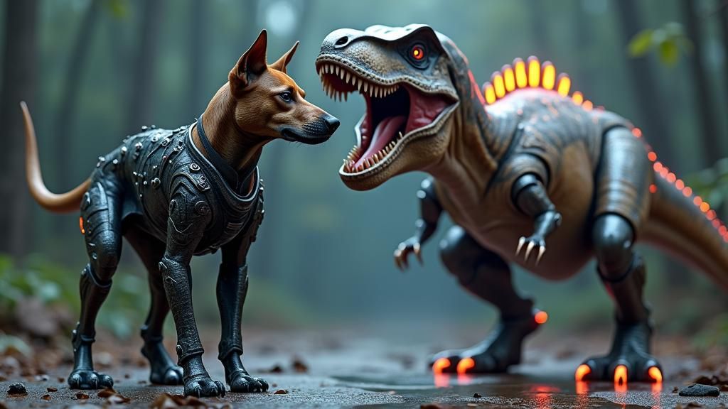 Futuristic Armored Dog and Mechanized T-Rex in Sci-Fi Scene