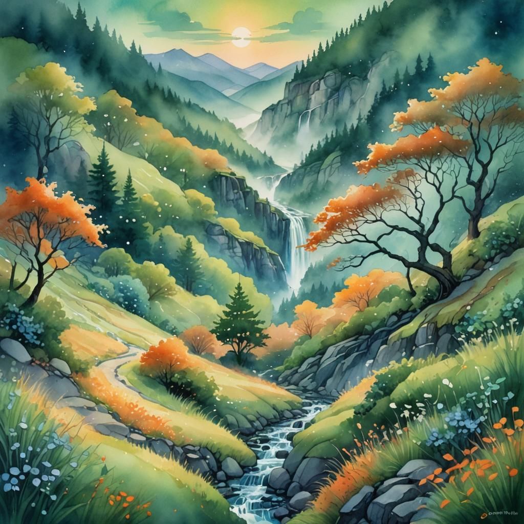 Misty Forest Valley: Watercolor Landscape