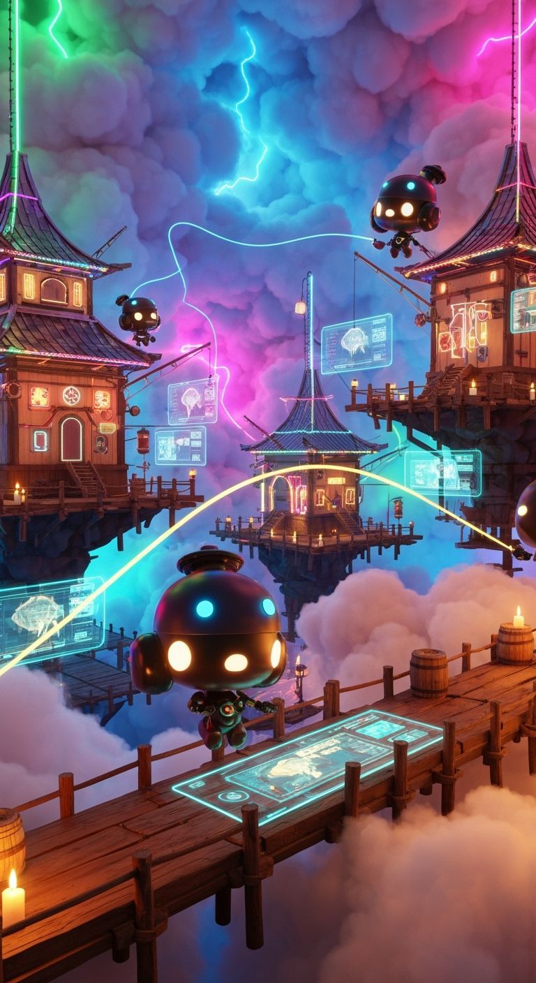 Chibi Robots Fish in Neon Cloud Villages