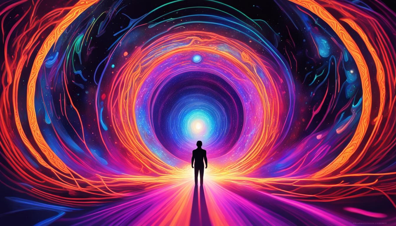 Cosmic Portal: Neon Avatar Ascending in Black Light Art