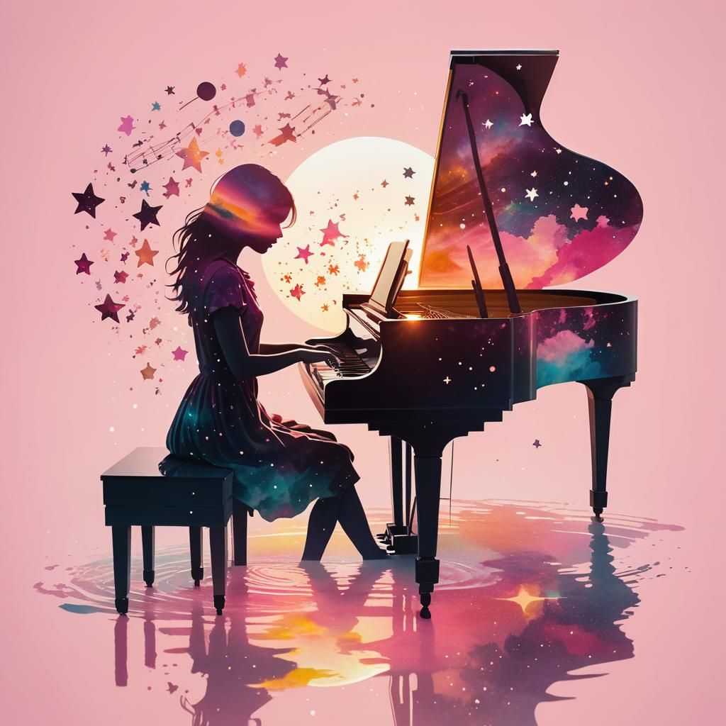 Double Exposure: Girl, Piano, Cosmic Pastel Dawn