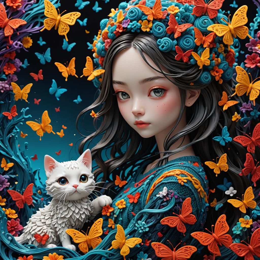 Woman and Cat in Surreal Seascape