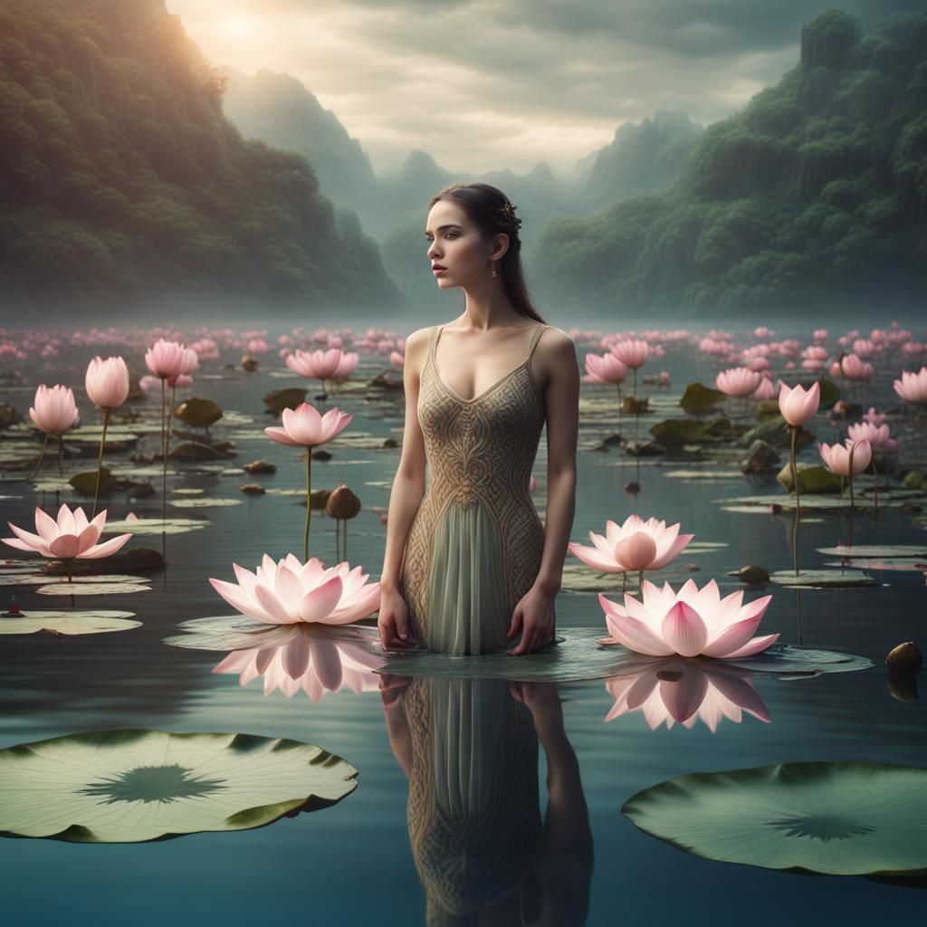 Woman in Lotus Lake: Cinematic Digital Painting
