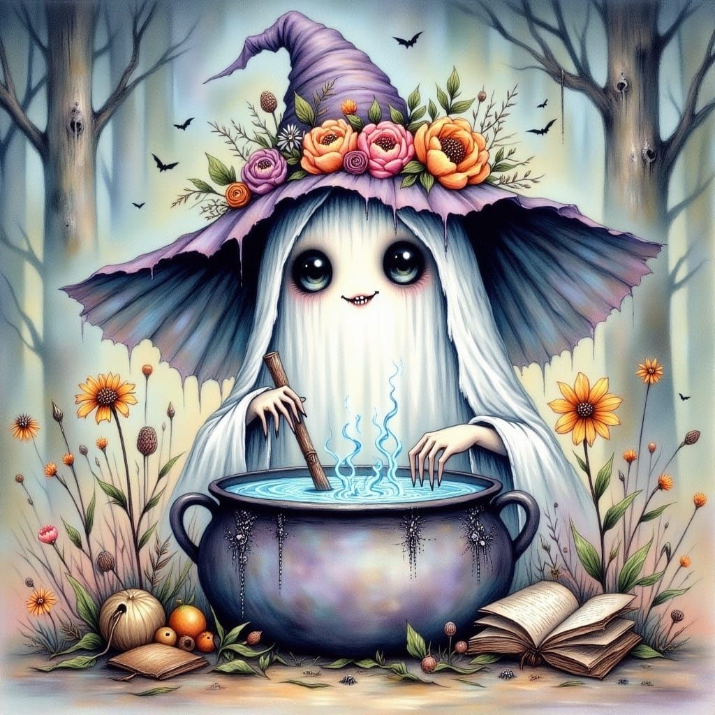 Whimsical Ghost Brews Potion in Watercolor Illustration
