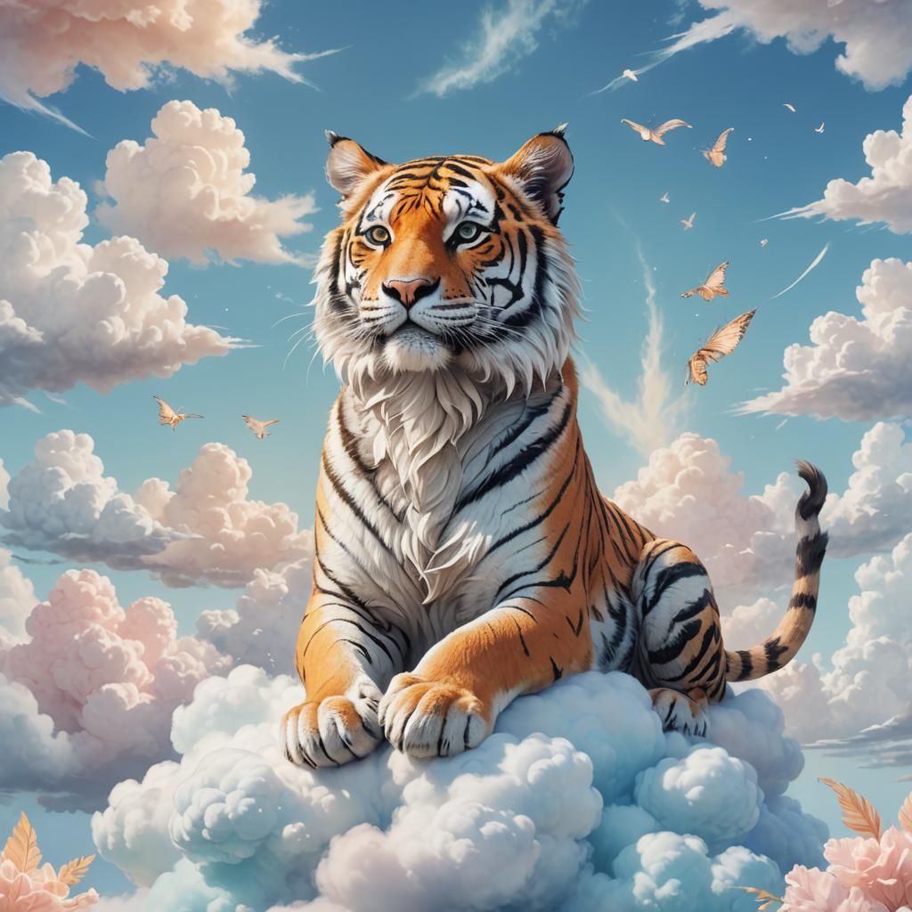 Dreamy Fairy Tiger on Cloud in Watercolor Style