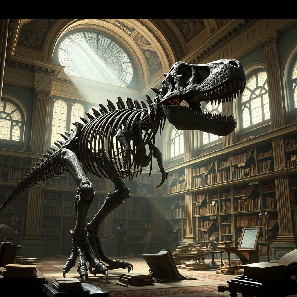 T-Rex Skeleton in Neoclassical Library