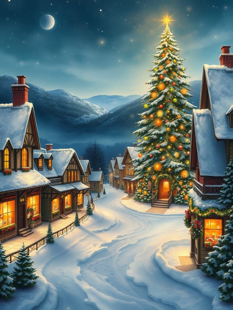 Victorian Christmas Village Scene in Whimsical Watercolor