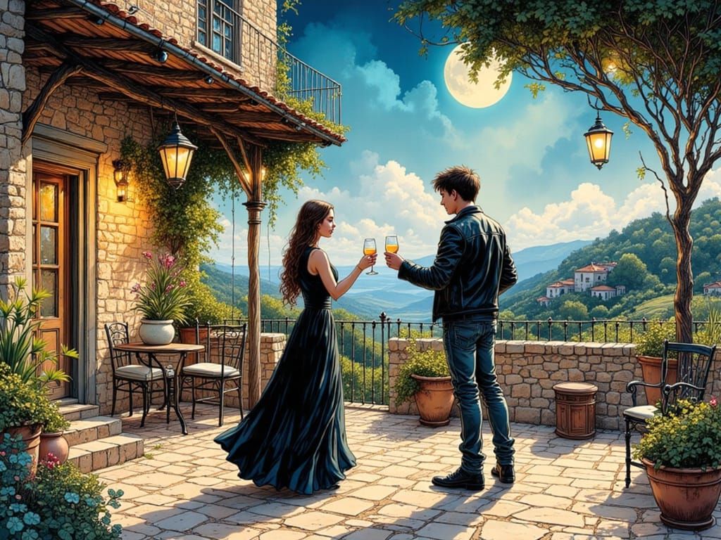 Couple Toasting in Mallorca, Ink Art Style