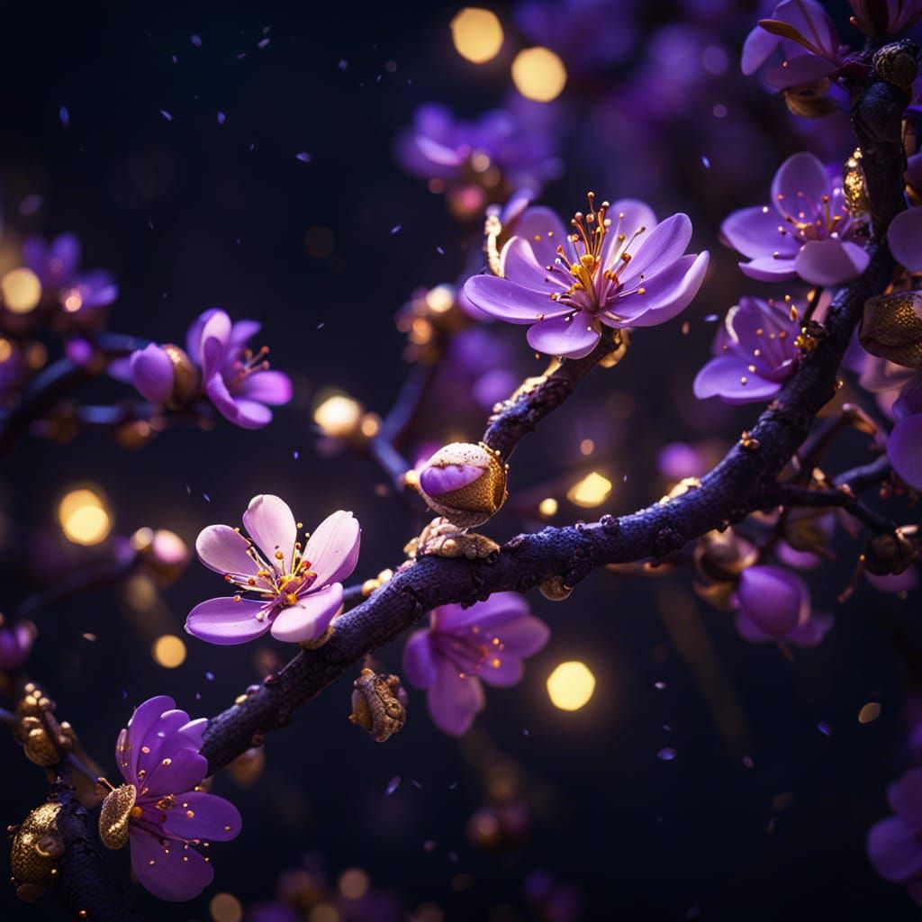 Blooming Almond Branch at Night with Lights
