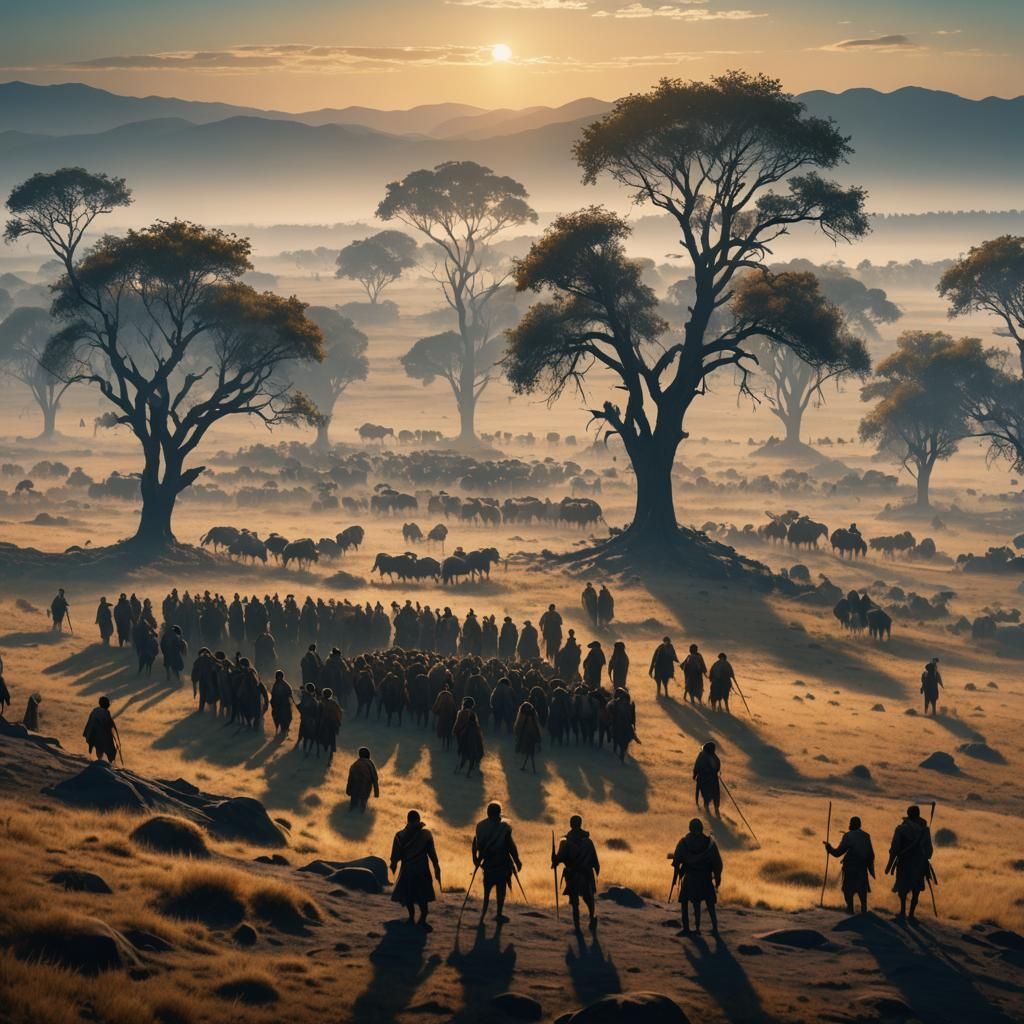 Dramatic Landscape Painting of Hunter Gatherer Tribe