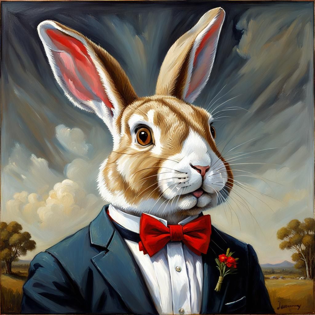 Humanoid Rabbit in Red Bowtie: Oil Painting Style