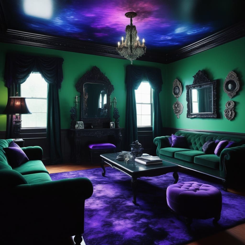 Emerald green fractals walls penthouse with Emerald green fractals walls with Black opal accents& Rainbow moonstone acce...