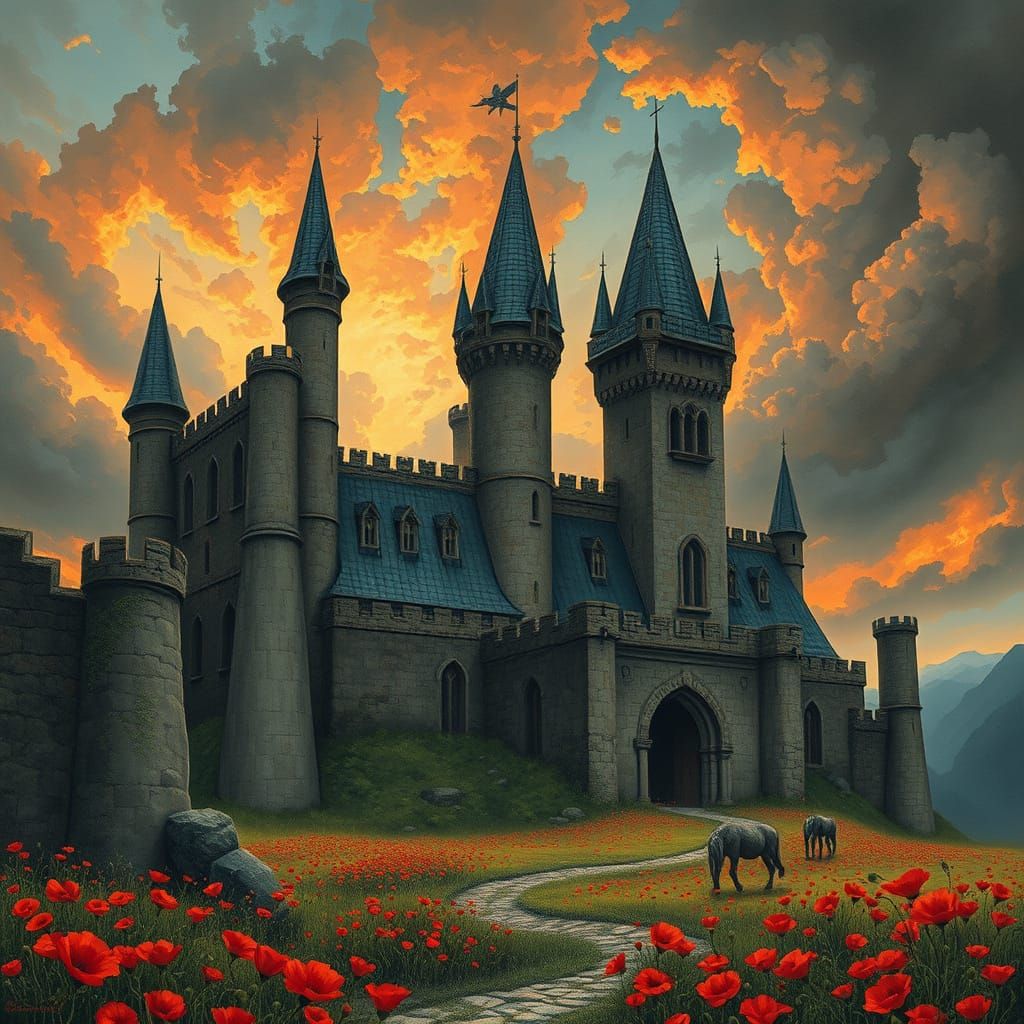 Mystical Castle Da'neer Amidst Fiery Skies