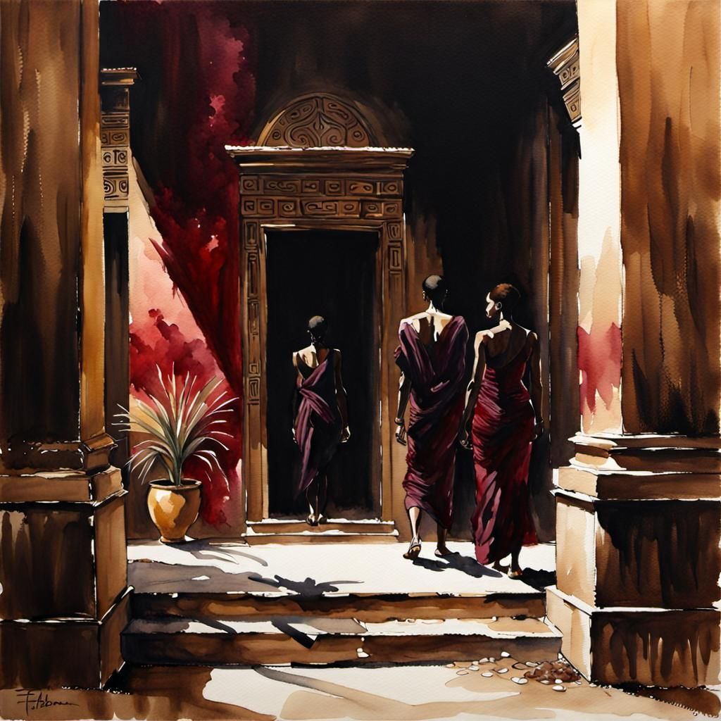 African Palace Scene in Watercolour Style