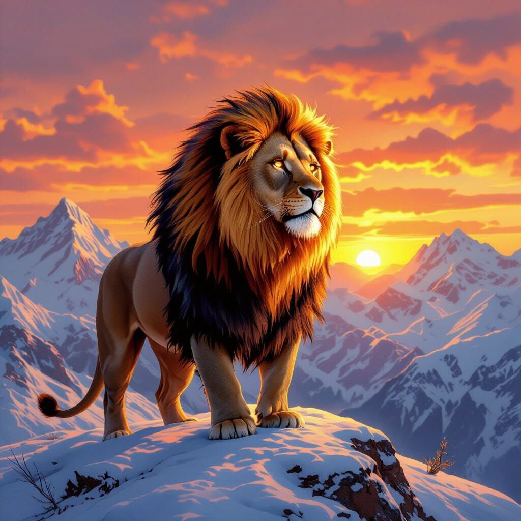 Regal Lion with Fiery Mane on Mountain at Sunset