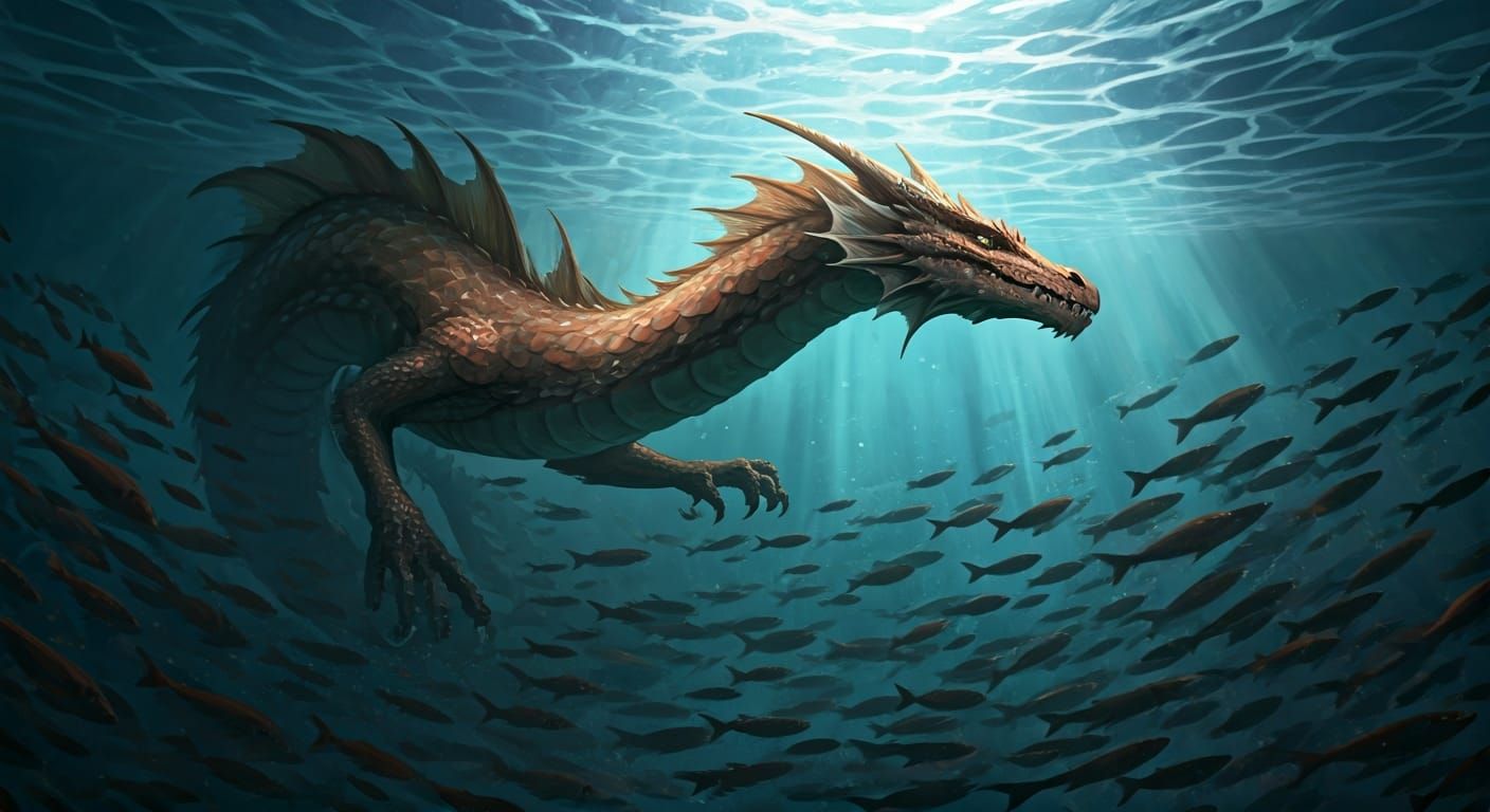 Aquatic Dragon Hunt in Epic Digital Illustration Style